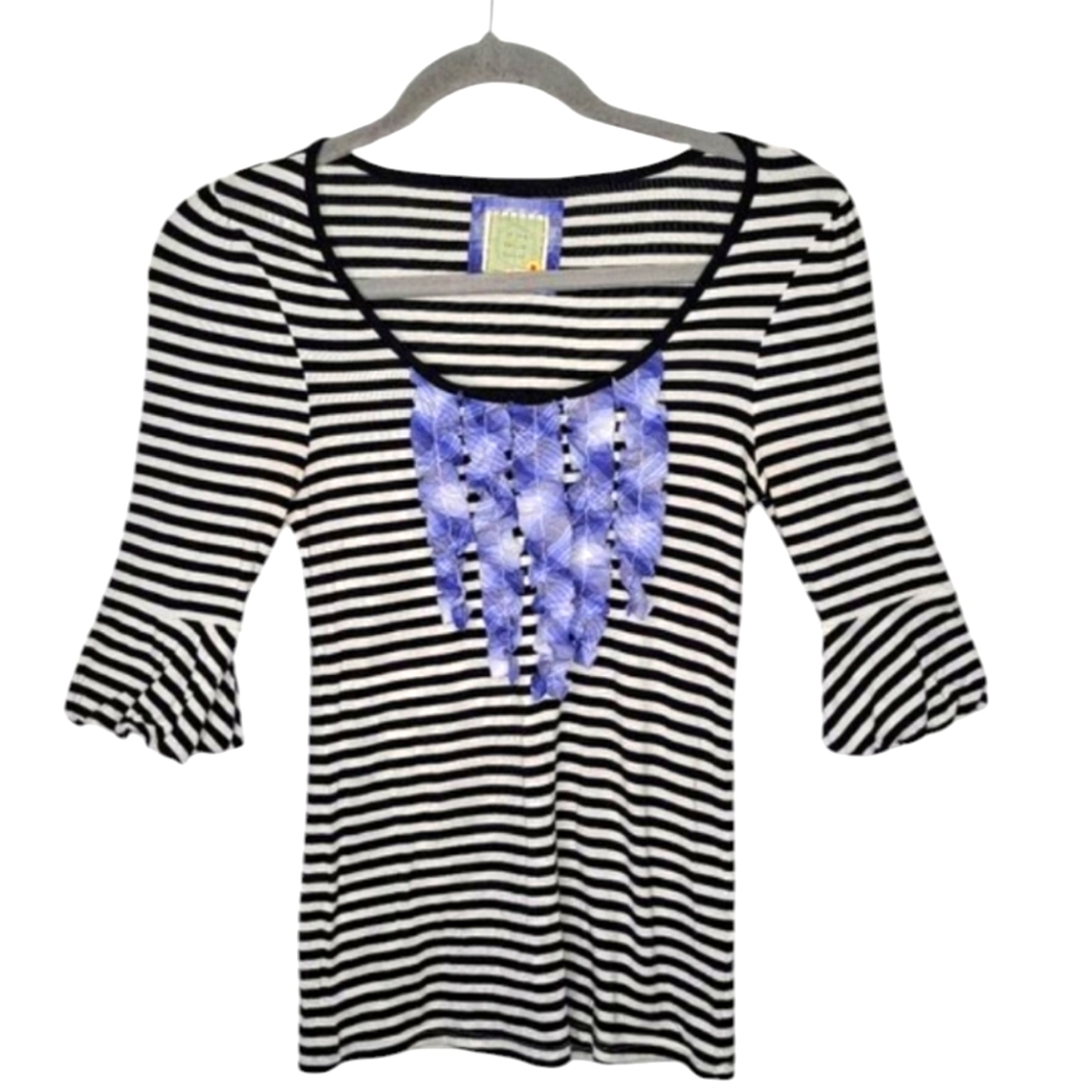 Little Yellow Button Anthropologie Black and White Striped Ruffle Top Size XS